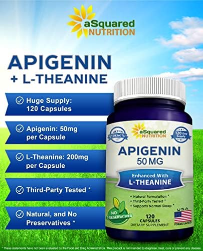 Suplemento de Apigenina aSquared Nutrition 50mg y L-Teanina 200mg - 120 Cápsulas - Pastillas para Dormir y Relajarse - Extracto Natural de - imagen 2