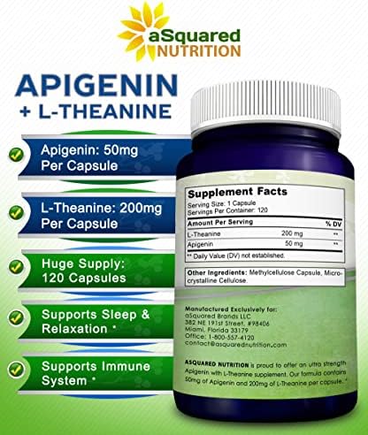 Suplemento de Apigenina aSquared Nutrition 50mg y L-Teanina 200mg - 120 Cápsulas - Pastillas para Dormir y Relajarse - Extracto Natural de - imagen 4