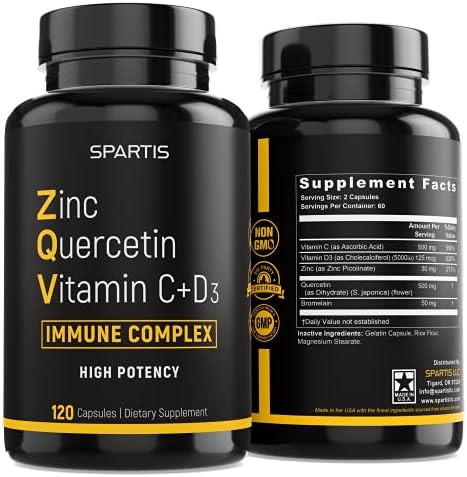 Suplemento de Zinc Quercetina 500mg con Vitamina C, D3 y Bromelina - Apoyo Inmunológico de Alta Potencia ZQV de SPARTIS (1 Botella de 120 Cápsulas) - imagen 1