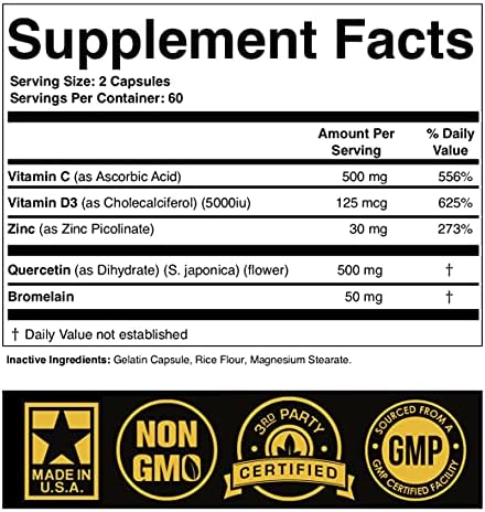 Suplemento de Zinc Quercetina 500mg con Vitamina C, D3 y Bromelina - Apoyo Inmunológico de Alta Potencia ZQV de SPARTIS (1 Botella de 120 Cápsulas) - imagen 2