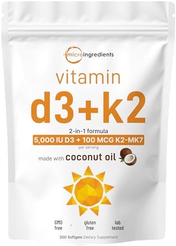 Micro Ingredients Vitamina D3 5,000 UI + K2 MK-7 100 mcg, 300 Cápsulas Blandas | Aceite de Coco Virgen | Soporte 2 en 1, Fácil de Tragar, No GMO - imagen 1