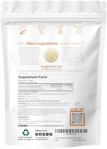 Micro Ingredients Vitamina D3 5,000 UI + K2 MK-7 100 mcg, 300 Cápsulas Blandas | Aceite de Coco Virgen | Soporte 2 en 1, Fácil de Tragar, No GMO - imagen 2