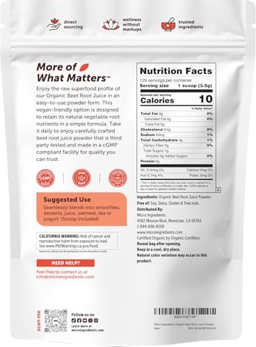 Micro Ingredients Polvo de Jugo de Remolacha Orgánica, 1 Libra | Suplemento de Remolacha Cruda, Soluble en Agua | Mezcla para Batidos y Recetas | No - imagen 7