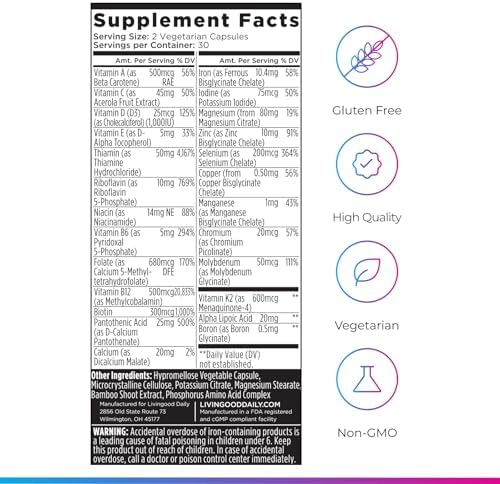 Multivitamínico Metilado Livingood Daily para Hombres y Mujeres, Suplemento con Ácido Alfa Lipoico, Vitaminas B, Hierro, Zinc y Selenio, 60 Cápsulas - imagen 6