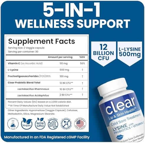Tratamiento de Herpes Labial con Lisina, Pre-Probióticos y Vitamina C | Suministro para 1 Mes | Cápsulas Supercargadas de Lisina con Rhamnosus y - imagen 7