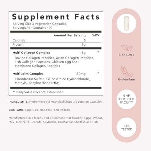 Cápsulas de Colágeno Múltiple Hidrolizado Alaya Naturals - Tipo I, II, III, V, X de Colágeno de Res, Pollo y Marino con MSM + GC (120 Cápsulas) - imagen 4