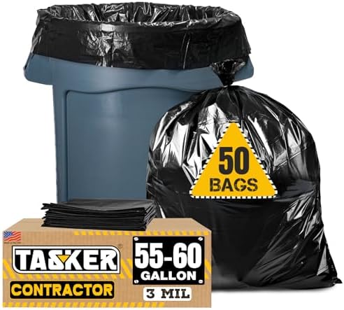Bolsas de Basura Contractor Tasker de 55 Galones, 3 Mil, Negras (50 Bolsas con Cintas) para Construcción, Resistentes y Extra Grandes - imagen 1