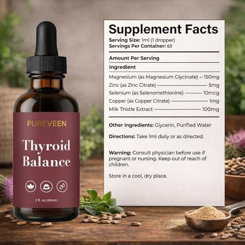 Pureveen Balance de Tiroides, Gotas de Soporte para Mujeres, Suplemento Líquido con Cardo Mariano, Selenio, Zinc y Magnesio, 60ML - imagen 2