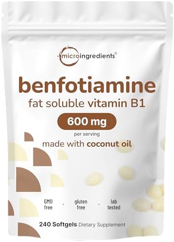 Suplemento de Vitamina B1 Benfotiamina 600mg por Porción, 240 Softgels de Aceite de Coco | Vitaminas B Bioactivas, Sin OGM, Libre de Soja - imagen 1