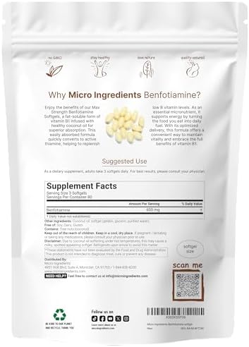 Suplemento de Vitamina B1 Benfotiamina 600mg por Porción, 240 Softgels de Aceite de Coco | Vitaminas B Bioactivas, Sin OGM, Libre de Soja - imagen 2
