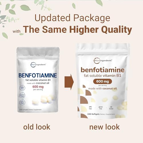 Suplemento de Vitamina B1 Benfotiamina 600mg por Porción, 240 Softgels de Aceite de Coco | Vitaminas B Bioactivas, Sin OGM, Libre de Soja - imagen 3
