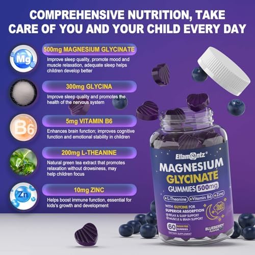 Gomitas de Magnesio Glicinato 500mg/250mg para Adultos, Niños y Adolescentes, Sin Azúcar, Suplemento Calmante para Dormir, con L-Teanina, Glicina y - imagen 6