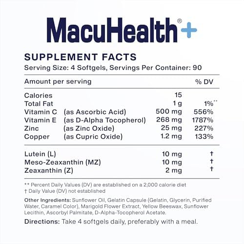 Suplemento de Vitaminas para los Ojos MacuHealth Plus+ para Adultos - Suministro para 90 Días con Luteína, Zeaxantina y Meso-Zeaxantina - Sin Sabor - imagen 2