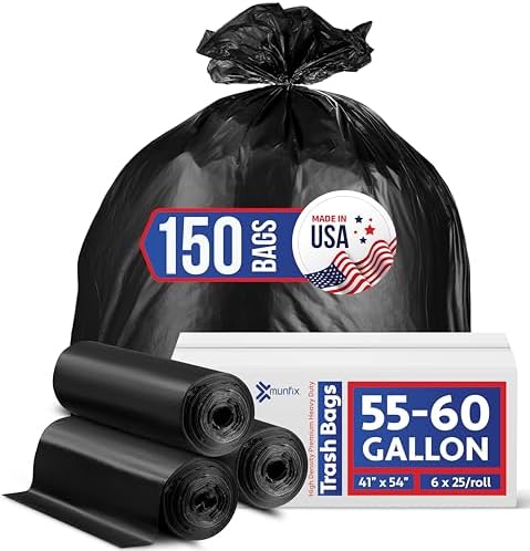 Bolsas de Basura de 55-60 Galones Resistentes - Paquete de 150 Bolsas Grandes - Forros de Basura Negros Comerciales - Hecho en EE. UU. - imagen 1