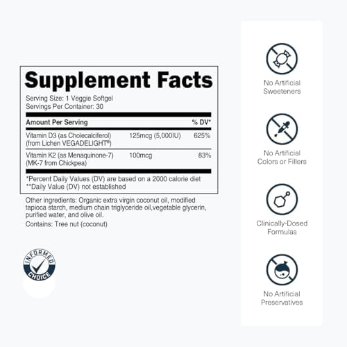 Transparent Labs Vitamina D3 K2 - Suplemento de Vitamina D y K2 para Hombres y Mujeres, Vegano, 5000 IU para Huesos, Inmunidad y Salud General - 60 - imagen 3