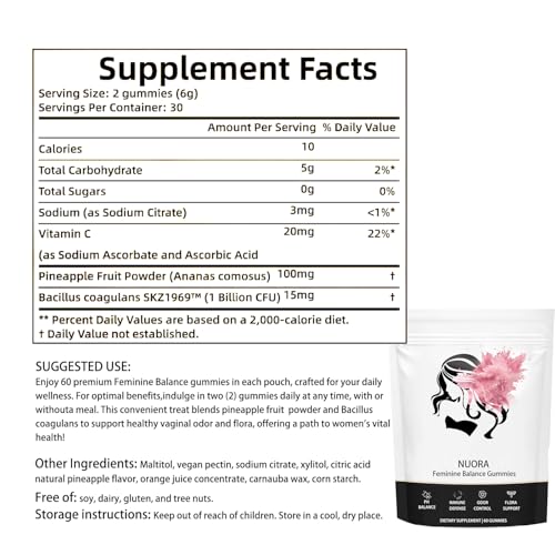 Gomitas Nuora Feminine Balance para Mujeres, Piña Hawaiana Vegana, Apoyo a la Salud Vaginal, 60 Gomitas - imagen 2