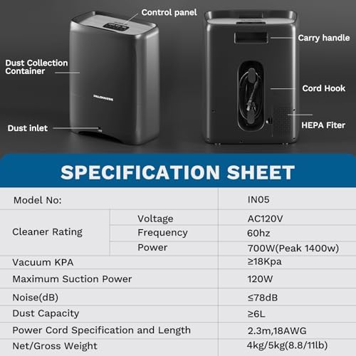 Aspiradora Automática Pro Touchless 1400W, Ultra Rápida y Potente, 18KPA, Con Sensor TOF y Alertas LED, Recipiente Eléctrico de 6L para - imagen 8
