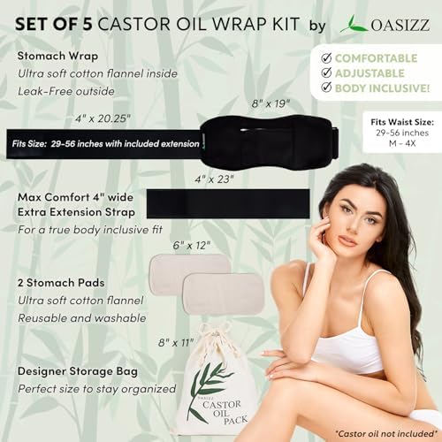 OASIZZ Pack de Aceite de Ricino Reutilizable Premium para Estómago (5 Piezas, M-4X, Negro) - 100% Algodón Flanelado Doble Cepillado, Diseño Ajustable - imagen 4