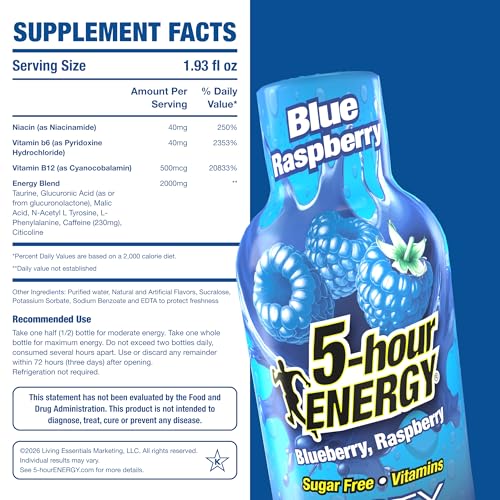 5-hour ENERGY Sabor Frambuesa Azul, 30 Unidades, 1.93 Fl Oz, Bebida Energizante Extra Fuerte, Aminoácidos, Vitaminas B, Sin Azúcar y Sin Calorías - imagen 2