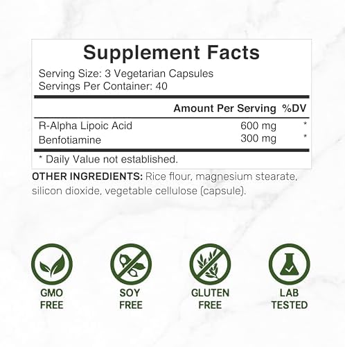 Suplemento DEAL R Ácido Lipoico 600mg con Benfotiamina 300mg por porción, 120 cápsulas vegetales – 200mg R-ALA por cápsula – Antioxidante para - imagen 2