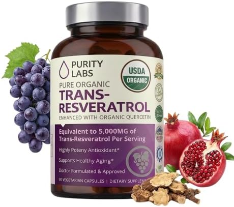 Suplemento de Trans-Resveratrol Purity Labs 5,000 mg por Porción con Quercetina, Orgánico USDA, Antioxidante de Alta Potencia, Cápsulas Veganas, 90 - imagen 1