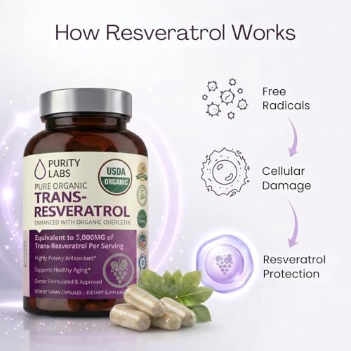 Suplemento de Trans-Resveratrol Purity Labs 5,000 mg por Porción con Quercetina, Orgánico USDA, Antioxidante de Alta Potencia, Cápsulas Veganas, 90 - imagen 2
