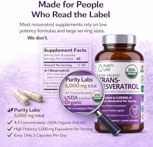 Suplemento de Trans-Resveratrol Purity Labs 5,000 mg por Porción con Quercetina, Orgánico USDA, Antioxidante de Alta Potencia, Cápsulas Veganas, 90 - imagen 4