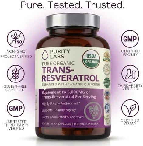 Suplemento de Trans-Resveratrol Purity Labs 5,000 mg por Porción con Quercetina, Orgánico USDA, Antioxidante de Alta Potencia, Cápsulas Veganas, 90 - imagen 5