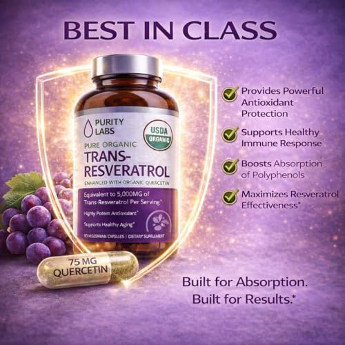 Suplemento de Trans-Resveratrol Purity Labs 5,000 mg por Porción con Quercetina, Orgánico USDA, Antioxidante de Alta Potencia, Cápsulas Veganas, 90 - imagen 6
