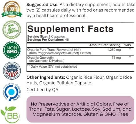 Suplemento de Trans-Resveratrol Purity Labs 5,000 mg por Porción con Quercetina, Orgánico USDA, Antioxidante de Alta Potencia, Cápsulas Veganas, 90 - imagen 7