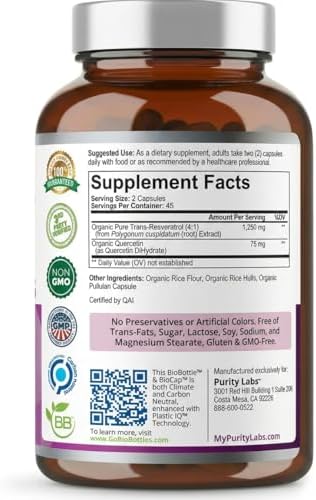 Suplemento de Trans-Resveratrol Purity Labs 5,000 mg por Porción con Quercetina, Orgánico USDA, Antioxidante de Alta Potencia, Cápsulas Veganas, 90 - imagen 8