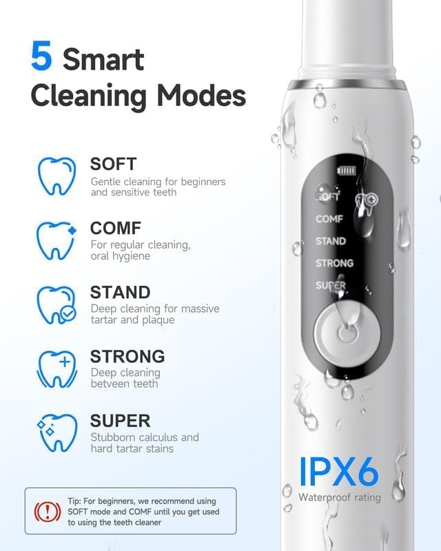 Limpiador de Placa RELACS 7000 para Dientes, Removedor de Sarro, Kit de Limpieza Dental con 5 Modos de Velocidad y 3 Cabezas Intercambiables, con Luz - imagen 4