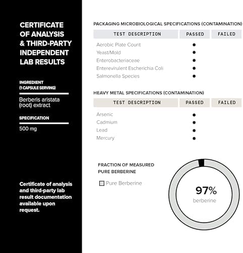 Toniiq Berberina HCl Ultra Alta Potencia Certificada NSF - Extracto Concentrado 100:1 - 180 Cápsulas Vegetarianas de 1500 mg, 97% Berberina HCl - imagen 7
