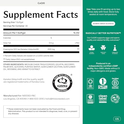 Suplemento de CoQ10 Needed. 200mg - Ubiquinol 200mg para Mujeres y Hombres - Suplemento de Salud Preconcepcional, No GMO, Softgels - 30 Cápsulas - imagen 2