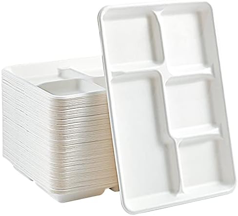 Platos de Papel Compostables Vplus de 5 Compartimentos, Paquete de 100, Bandejas Desechables para Almuerzo Escolar 12.5 x 8.6 pulgadas, Ecológicos de - imagen 1