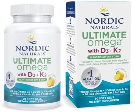 Omega Ultimate de Nordic Naturals - Vitamina D3+K2 a base de plantas - 60 geles vegetarianos - 1210 mg Omega-3 y 2000 IU D3 - Salud cerebral - No GMO - imagen 1