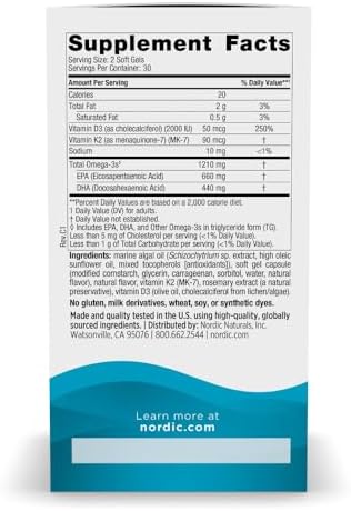 Omega Ultimate de Nordic Naturals - Vitamina D3+K2 a base de plantas - 60 geles vegetarianos - 1210 mg Omega-3 y 2000 IU D3 - Salud cerebral - No GMO - imagen 2