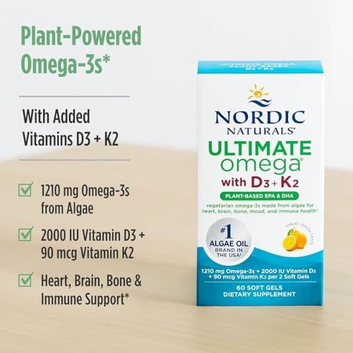 Omega Ultimate de Nordic Naturals - Vitamina D3+K2 a base de plantas - 60 geles vegetarianos - 1210 mg Omega-3 y 2000 IU D3 - Salud cerebral - No GMO - imagen 3