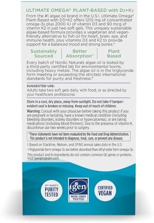 Omega Ultimate de Nordic Naturals - Vitamina D3+K2 a base de plantas - 60 geles vegetarianos - 1210 mg Omega-3 y 2000 IU D3 - Salud cerebral - No GMO - imagen 6