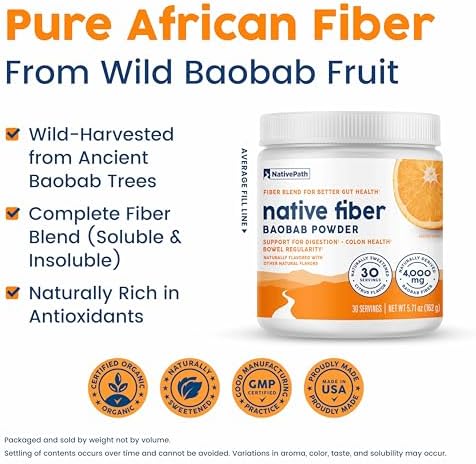 Polvo de Fibra Prebiótica Orgánica Baobab de NativePath - Suplemento para la Salud Digestiva - Sabor Natural a Naranja, 30 Porciones - imagen 4