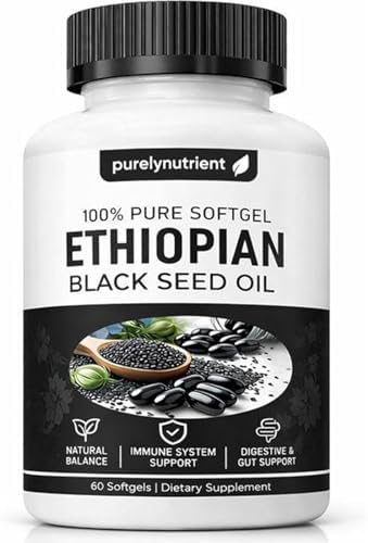 Cápsulas de Aceite de Semilla Negra Etíope PURELYNUTRIENT 4.64% Timoquinona – Aceite de Comino Negro Orgánico Prensado en Frío, 60 Softgels, Sin OGM, - imagen 1