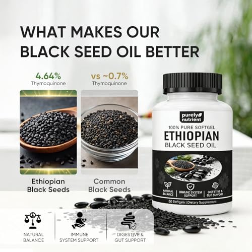 Cápsulas de Aceite de Semilla Negra Etíope PURELYNUTRIENT 4.64% Timoquinona – Aceite de Comino Negro Orgánico Prensado en Frío, 60 Softgels, Sin OGM, - imagen 3