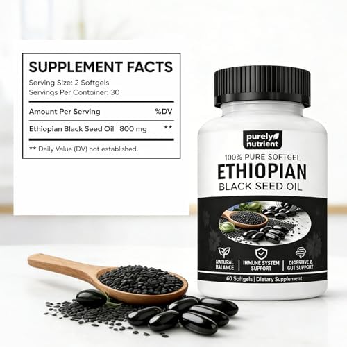 Cápsulas de Aceite de Semilla Negra Etíope PURELYNUTRIENT 4.64% Timoquinona – Aceite de Comino Negro Orgánico Prensado en Frío, 60 Softgels, Sin OGM, - imagen 4