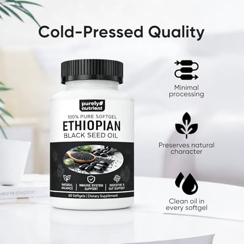 Cápsulas de Aceite de Semilla Negra Etíope PURELYNUTRIENT 4.64% Timoquinona – Aceite de Comino Negro Orgánico Prensado en Frío, 60 Softgels, Sin OGM, - imagen 5