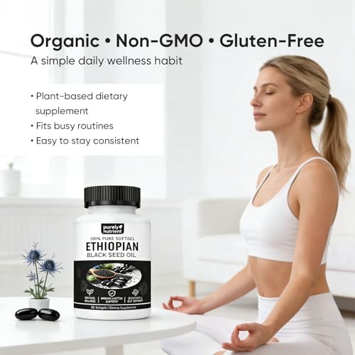 Cápsulas de Aceite de Semilla Negra Etíope PURELYNUTRIENT 4.64% Timoquinona – Aceite de Comino Negro Orgánico Prensado en Frío, 60 Softgels, Sin OGM, - imagen 6