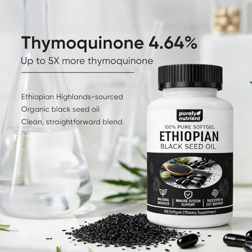Cápsulas de Aceite de Semilla Negra Etíope PURELYNUTRIENT 4.64% Timoquinona – Aceite de Comino Negro Orgánico Prensado en Frío, 60 Softgels, Sin OGM, - imagen 7