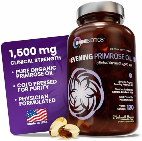 Aceite de Onagra Orgánico OmniBiotics para Mujeres – Fuerza Clínica 1500mg por Cápsula, 10% GLA, Prensado en Frío, No GMO, Balance Hormonal – 120 - imagen 1