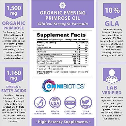 Aceite de Onagra Orgánico OmniBiotics para Mujeres – Fuerza Clínica 1500mg por Cápsula, 10% GLA, Prensado en Frío, No GMO, Balance Hormonal – 120 - imagen 3