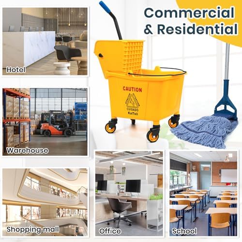 Cubeta comercial de 35 cuartos con escurridor lateral, ruedas y 1 mopa industrial para limpieza de pisos, ideal para negocios y suministros de - imagen 8