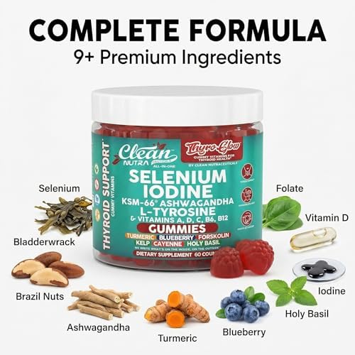 Gomitas de Soporte para Tiroides ThyroGlow con Selenio, Yodo, KSM 66 Ashwagandha, L-Tirosina, Vitaminas D, C, B12, B6, Cúrcuma, Arándano, Albahaca - imagen 4